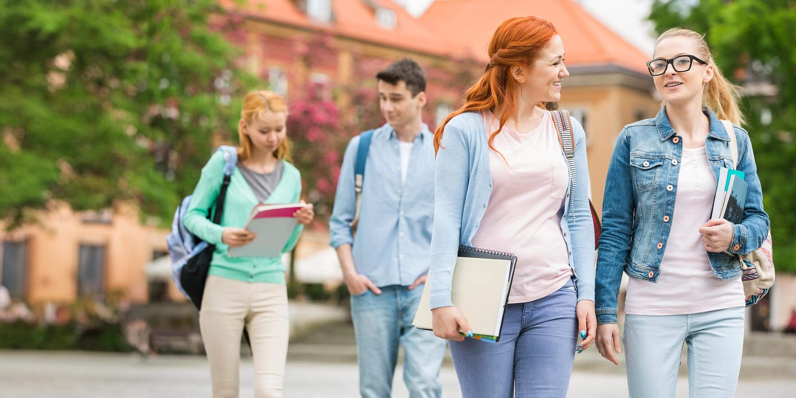 Eine Gruppe von vier Studenten geht an einem sonnigen Tag draußen spazieren. Zwei Studentinnen im Vordergrund lächeln, halten Notizbücher in der Hand und unterhalten sich miteinander. Im Hintergrund sind ein Student und eine Studentin mit ihren eigenen Aktivitäten beschäftigt.