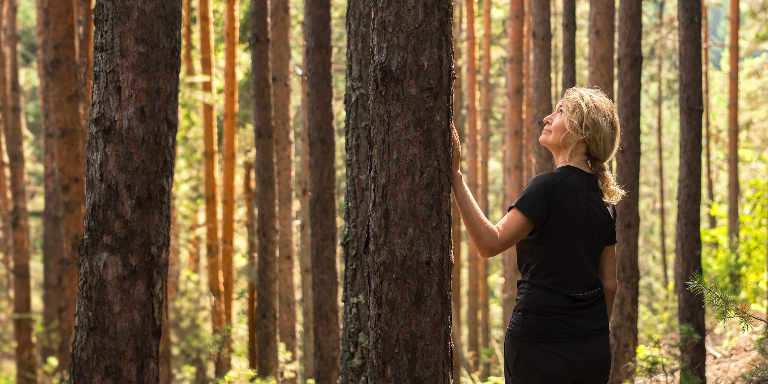 Eine Frau mit blondem Haar trägt ein schwarzes Hemd und eine schwarze Hose und steht in einem Wald mit hohen Bäumen. Sie scheint nach oben zu blicken, während sie eine Hand auf einen Baumstamm legt, umgeben von gesprenkeltem Sonnenlicht, das durch das Laub fällt.