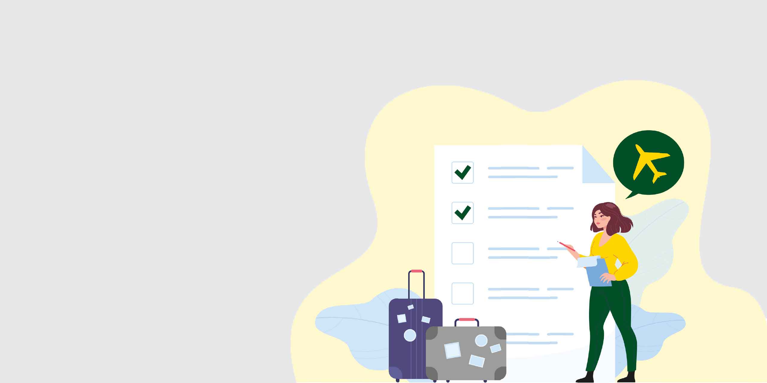 Eine Frau mit einem Klemmbrett steht neben einer Reisecheckliste mit Häkchen neben erledigten Punkten. Ihr Gepäck liegt zu ihren Füßen, und im Hintergrund ist ein Flugzeugsymbol zu sehen, das darauf hinweist, dass sie sich auf eine Reise vorbereitet.